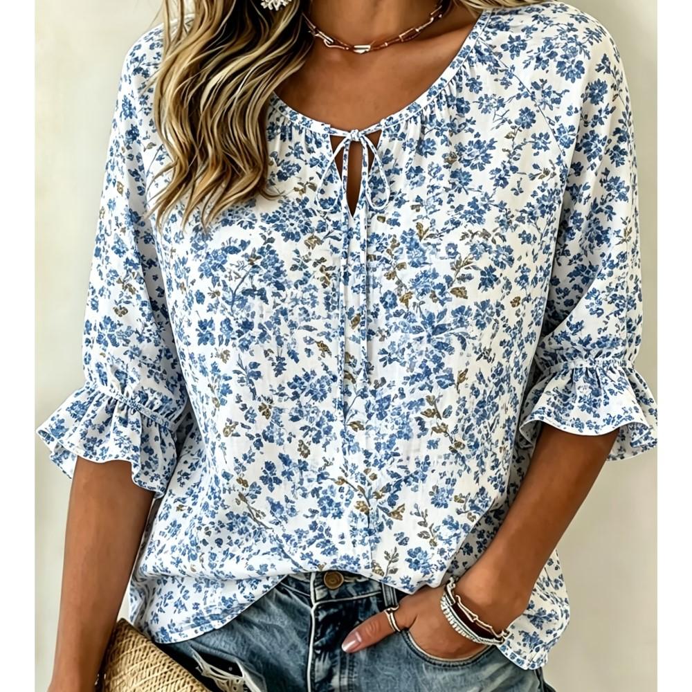 Women's Tiny Blue Floral Blouse Tie V Neck Ruffled 3/4 Sleeve White Raglan Loose Soft Daily Summer Top