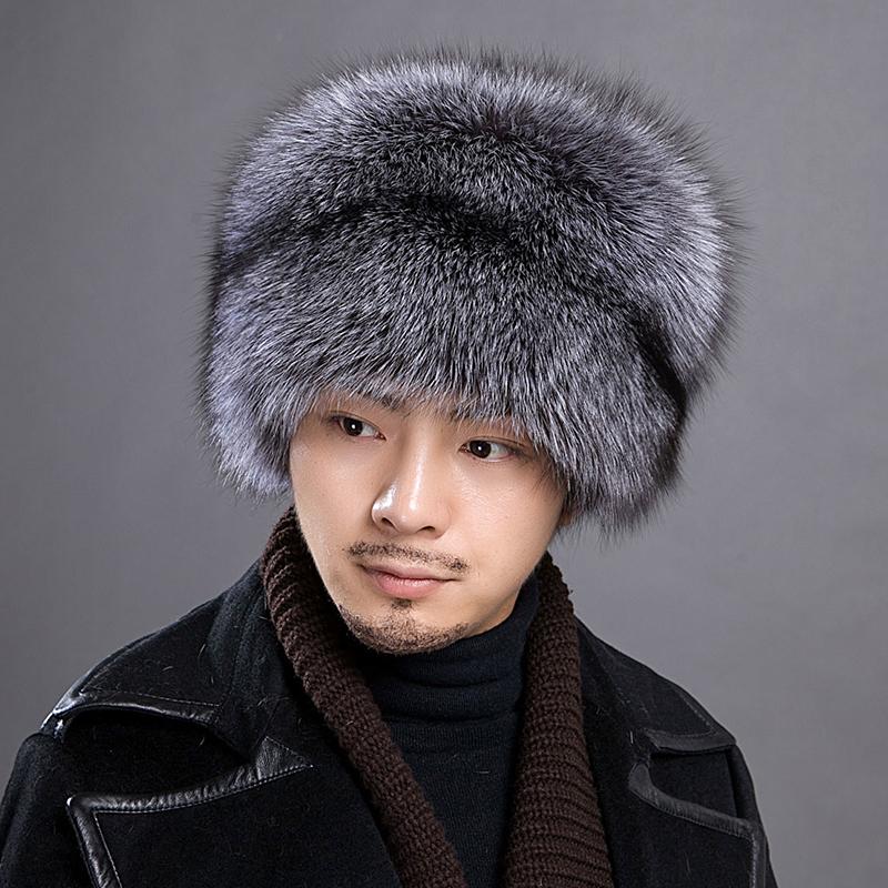 Fox Fur Hat Men's Winter Fur Mongolian Cap 100% Genuine Fox Fur Bomber Hats Warm Ear-protecting Ski Hat