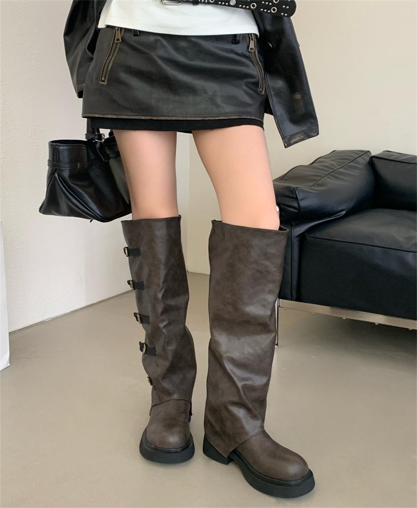 

2025 новые ретро большеголовые брюки-сапоги плиссированные до колена рыцарские сапоги на толстой подошве женские высокие сапоги-чулки 40 темно-коричневого