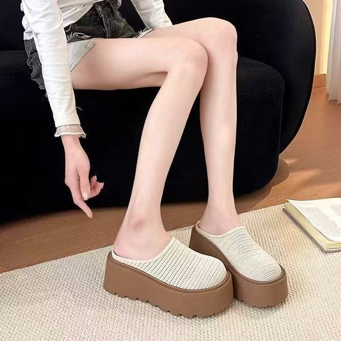 Thick-soled bag head half slippers women's outer wear 2025 summer new muffin soft bottom heightened hollow breathable slippers