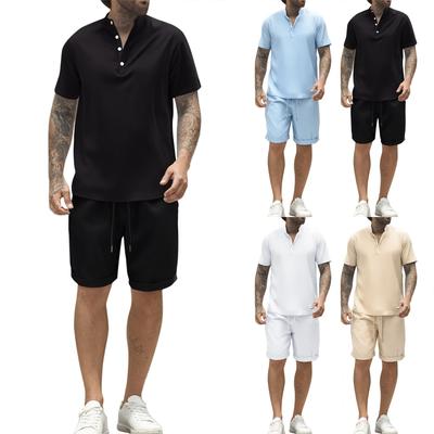 Men's Summer Solid Color Loose Short Sleeve Button Collar Top Shorts Set