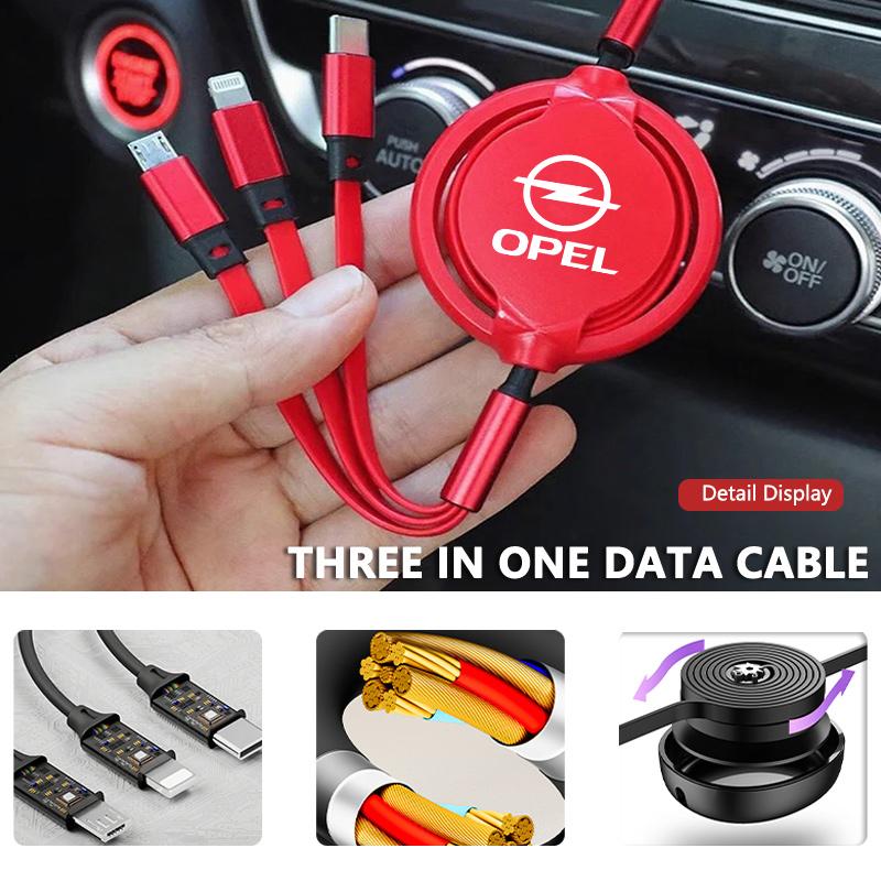 Car 3 In 1 Retractable Micro Data Wire USB Type C Fast Charging Cable For Opel ADAM ASTRA J K CORSA E INSIGNIA MOKKA VIVA Meriva