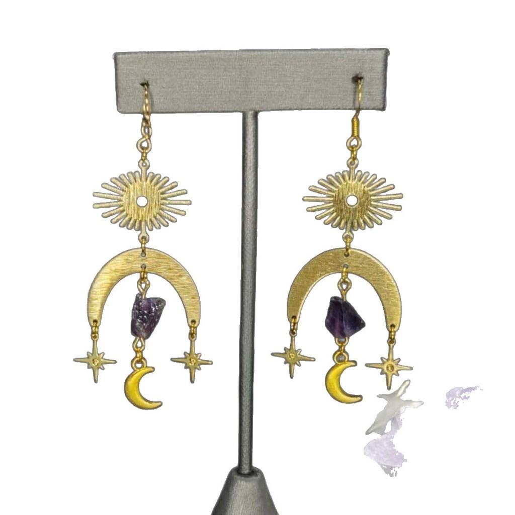 Sun Pendant Earrings With Natural Amethyst Gems For Children Jewelry Fashion