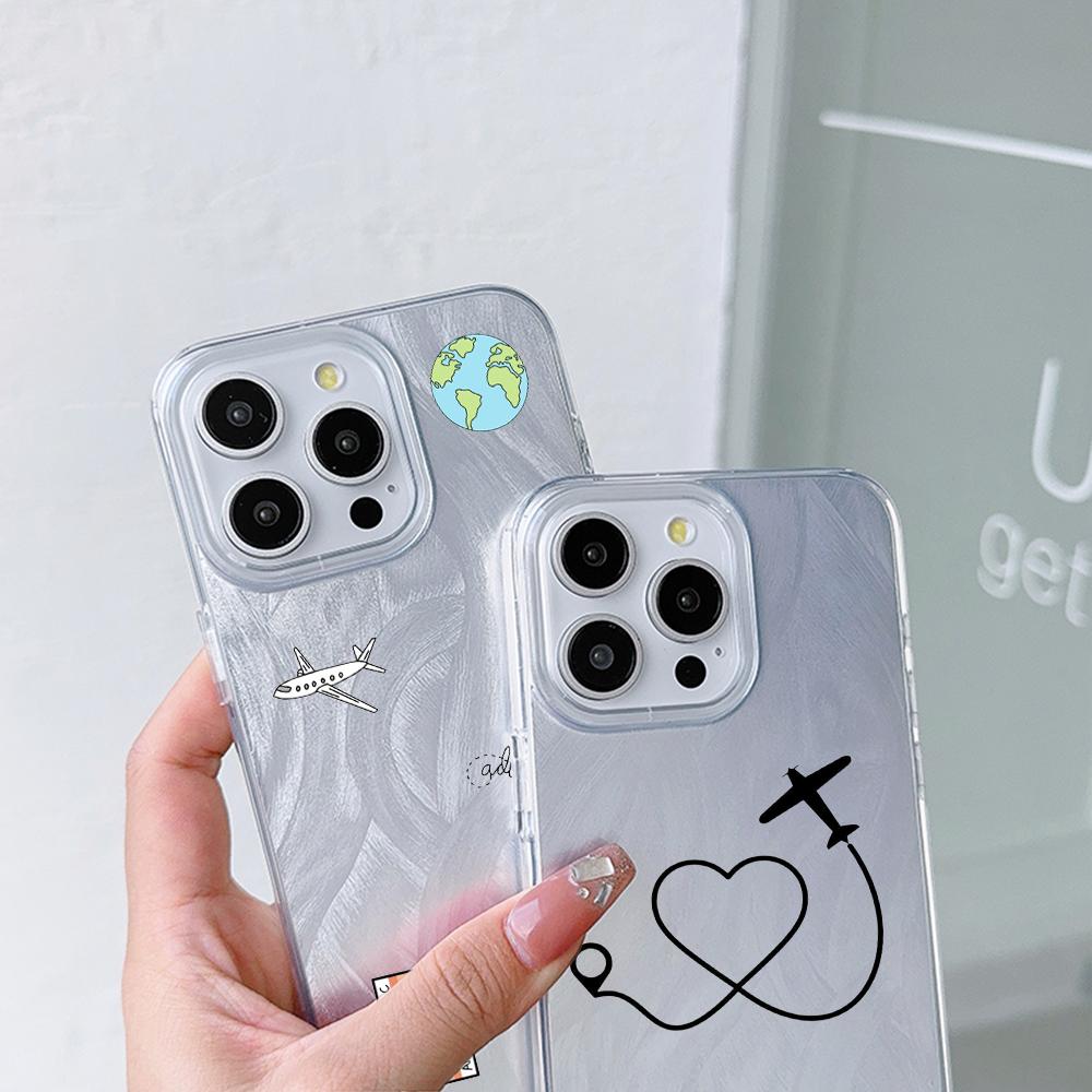 N68 Airplane flight trajectory art Clear Frame Case for Samsung S25 iPhone 16 Pro Max Xiaomi Redmi Note 13 Feather Chiffon Texture Silver Plated Cover