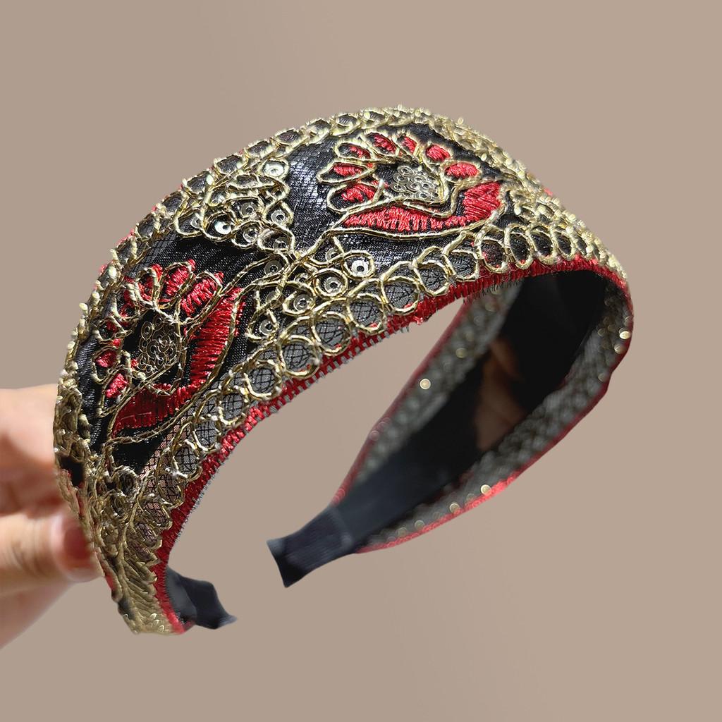 

Handmade Fabric Wide Edge Hairband With Embroidery For Women Summer червоний