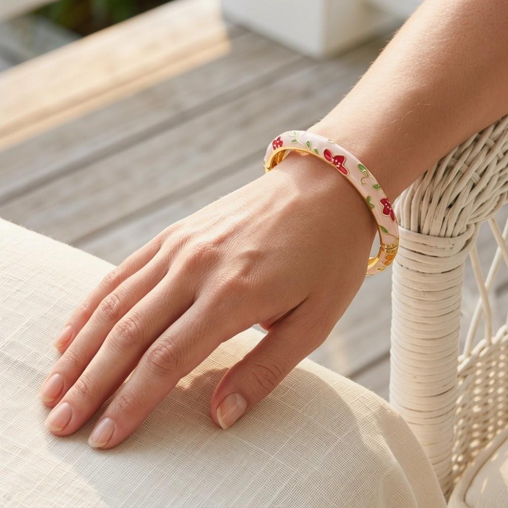 Enamel Floral Chinese Flower Bangle Peony with Leaf Women's Hand Bracelet Girls