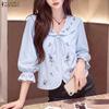 Women Ruffles V-Neck Loose Casual 3/4 Sleeve Floral Print Blouse