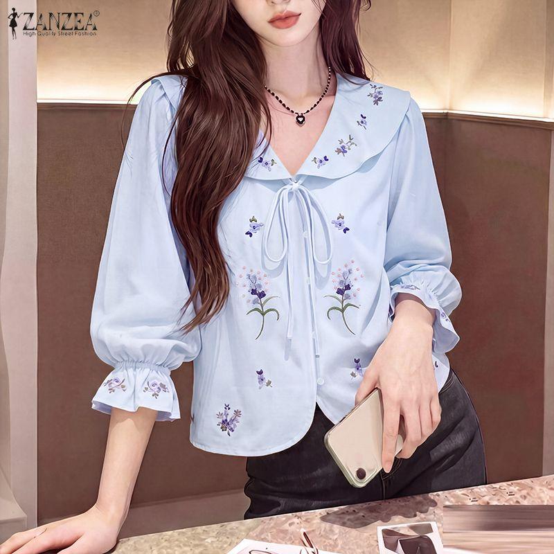 ZANZEA Women Ruffles V-Neck Loose Casual 3/4 Sleeve Floral Print Blouse