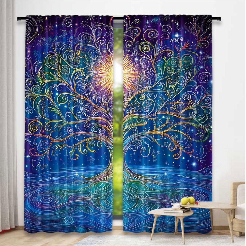2Pcs Vintage Curtain Tree Of Life With Floral Style Artwork Meditation Peace Design Suitable For Bedroom Bathroom Living Room