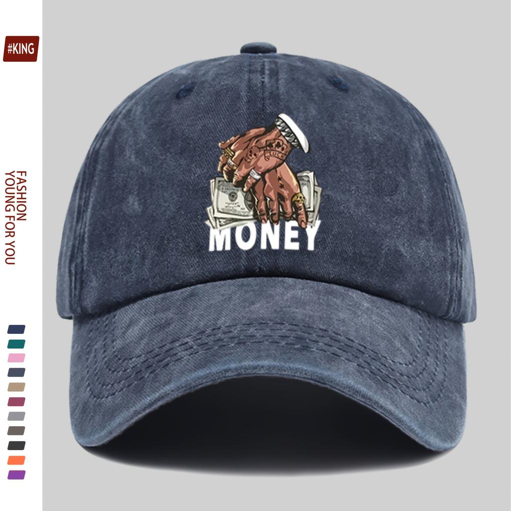 Money Graphic Print Washed Baseball Cap Adult Cotton Adjustable Outdoor Curved Brim Hat