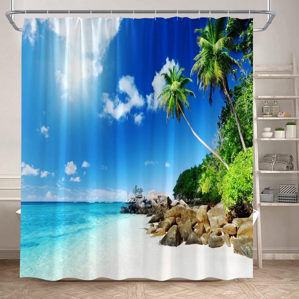 Hawaii Blue Ocean Shower Curtain Sea Waves Beach Coconut Tree Tropical Nature Scenery Bath Curtains Fabric Home Bathroom Decor