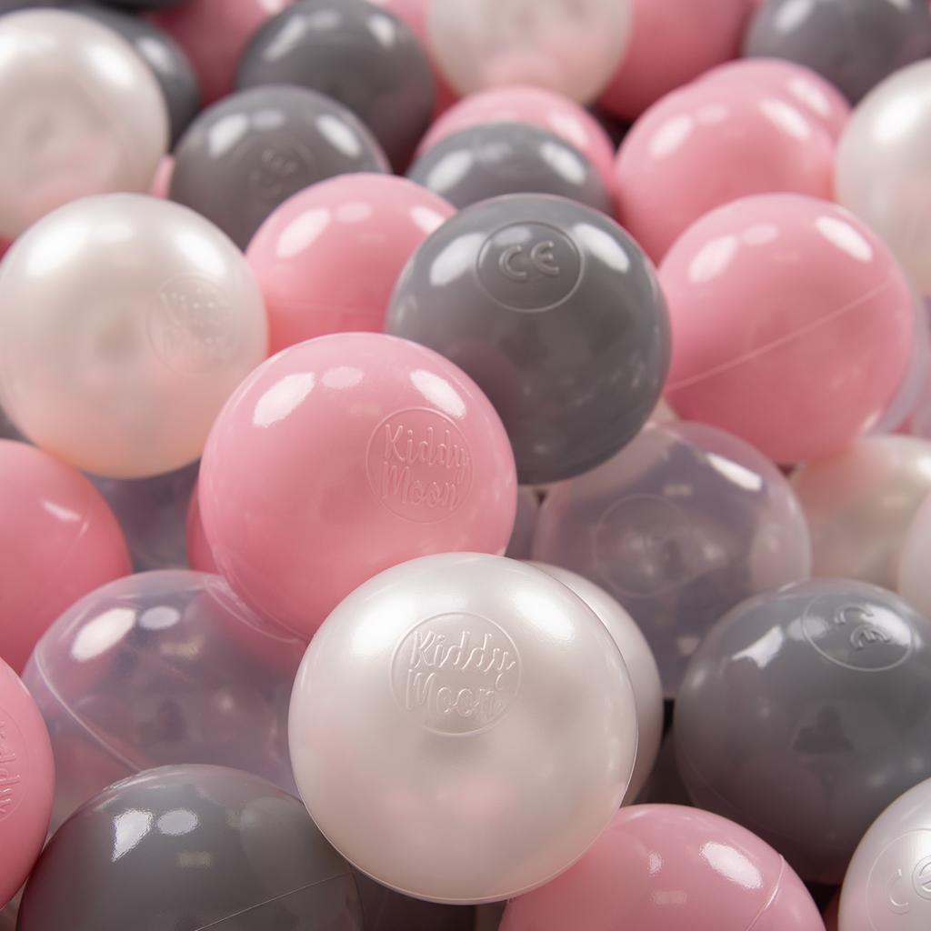 KiddyMoon 100 Balls 7cm/2.75in Soft Plastic Play Balls for Children Certified Made In Eu, Pearl/grey/transparent/light Pink
