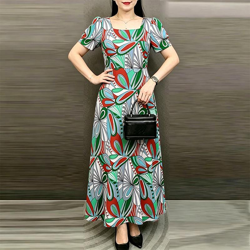 ZANZEA Women Casual Square Collar Loose Summer Short Sleeve Print Dress S зелёный