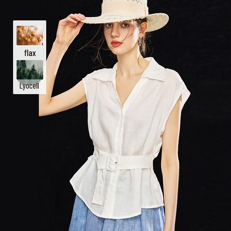 Women s Tencel Linen French Lace Lapel Sleeveless Blouse M