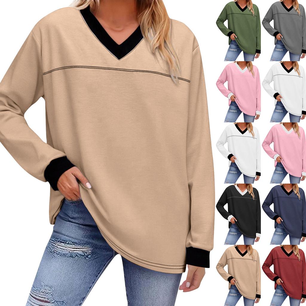 Fashionable Women's Loose Colorblock V-neck Long-sleeved Top