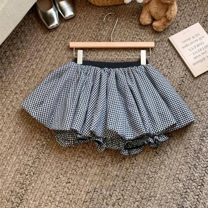 Summer Teen Girls Puff Skirt Retro Checkered High Waist A Line Mini Skirt for Kids Cute Bubble School Children Short Skirt