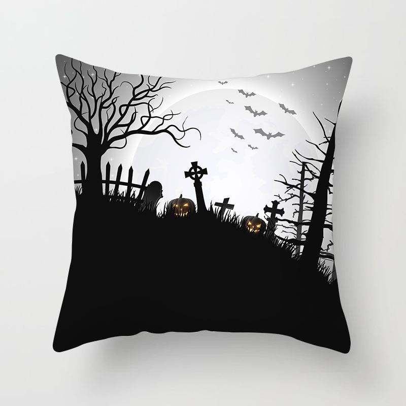 New Halloween Black and White Skull Pumpkin Printed Peach Leather Velvet Pillowcase Sofa Office Cushion Cover