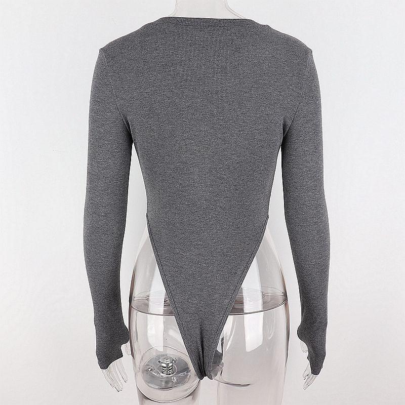 Deep V Low-Cut Long Sleeve Bodysuit Top with Button and Finger Hook for Women, Slim Fit.