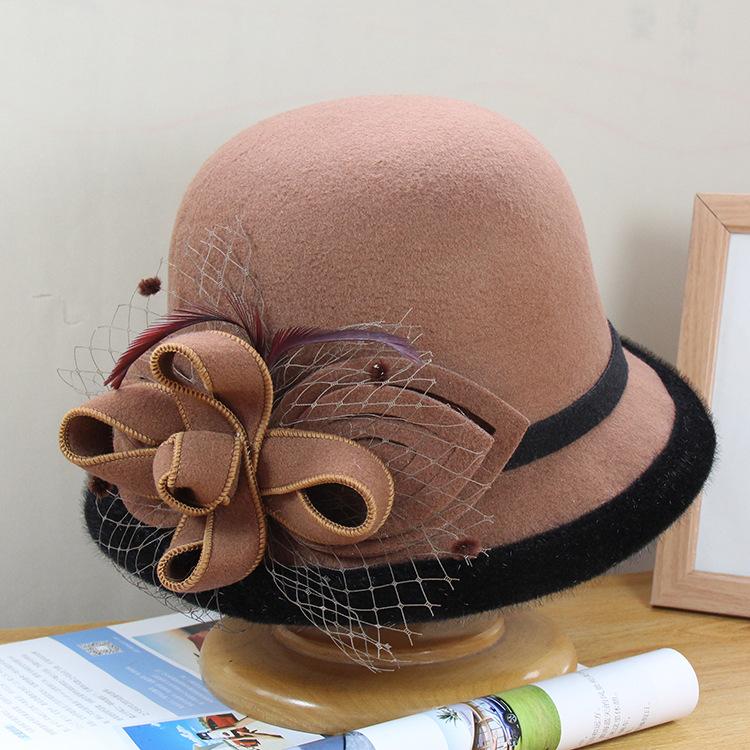 

British Top Hat Women S Autumn And Winter Woolen Mesh Leaf Flower Pot Hat Socialite Retro Felt Hat Adjustable
