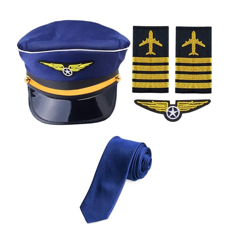 Flugkapitän-Kostüm für Erwachsene, Piloten-Cosplay-Accessoire, Uniform, Schulterklappen, Hut, Krawatte, Flugbegleiter-Rollenspiel-Outfit