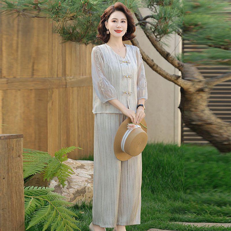 Elegantes zweiteiliges Set für Frühling und Herbst: Modisches Oberteil und Hemd im chinesischen Stil für Frauen mittleren und höheren Alters