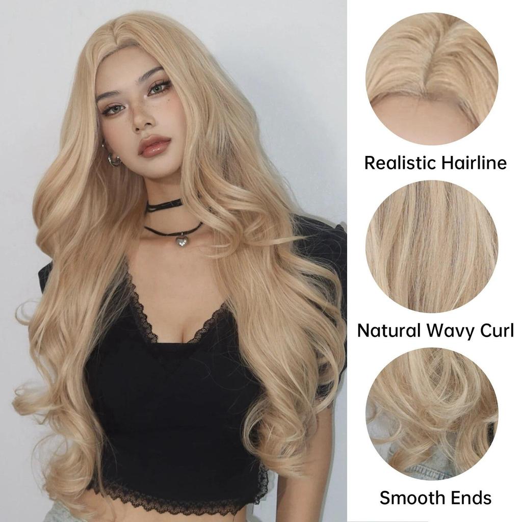 LOUIS FERRE Long Wavy Blonde Synthetic Wigs for Women 26in Light Golden Natural Hair Hairline Hand-Tied Hairline Lace Front Wig