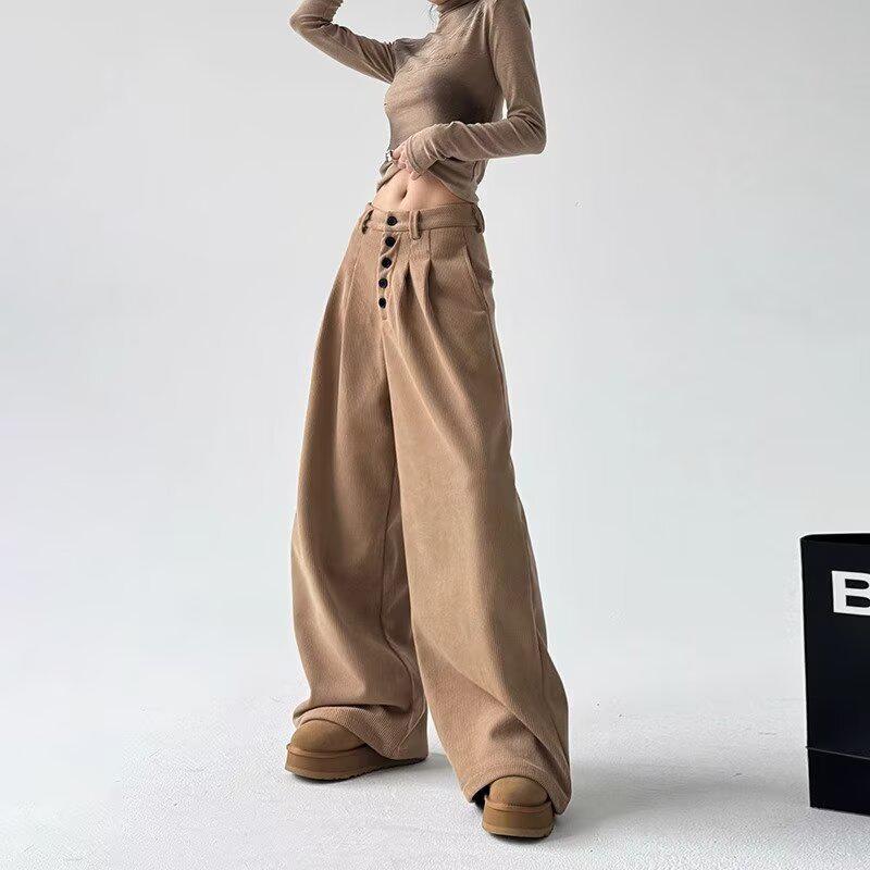 

Женские вельветовые брюки широкого кроя на осень/зиму 2024 - Однобортный плиссированный дизайн, приталенный силуэт S хаки