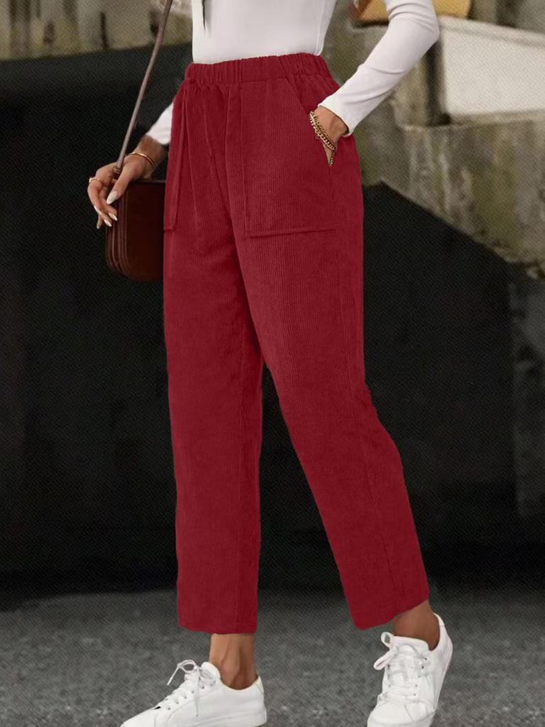 New Fall Women's Clothing Solid Elastic Waist Corduroy Pants Women Straight Leg Casual