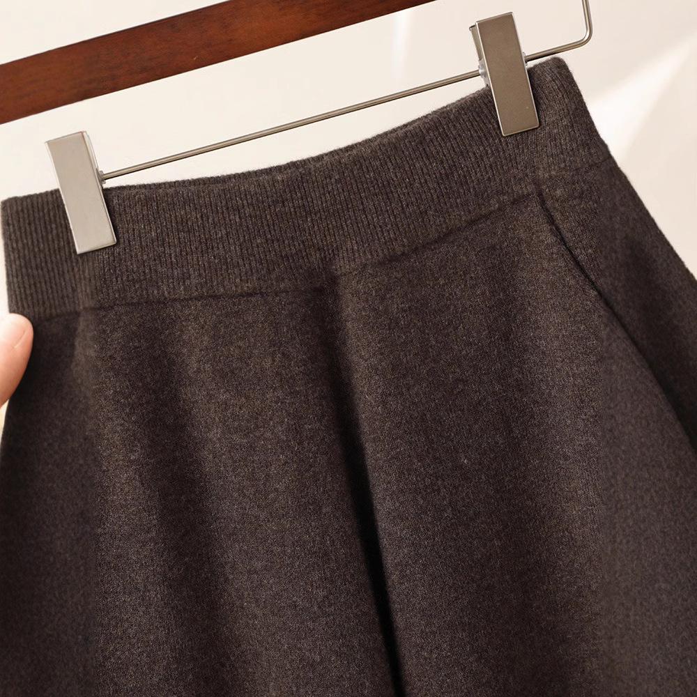 Dámské podzimní/zimní splývavé pletené kalhoty s vysokým pasem a širokými nohavicemi ze 100% vlny – Měkké, všestranné, ležérní, až na zem