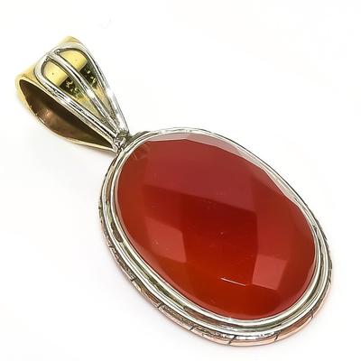 Natural Carnelian Gemstone Two Tone 925 Solid Sterling Silver Pendant 1.5'' o2E95