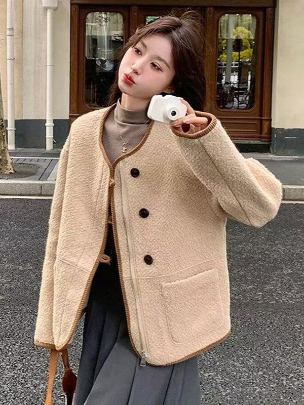 Women's 2025 French Style Retro Lambswool Long Sleeve Jacket - Winter Casual Versatile Top