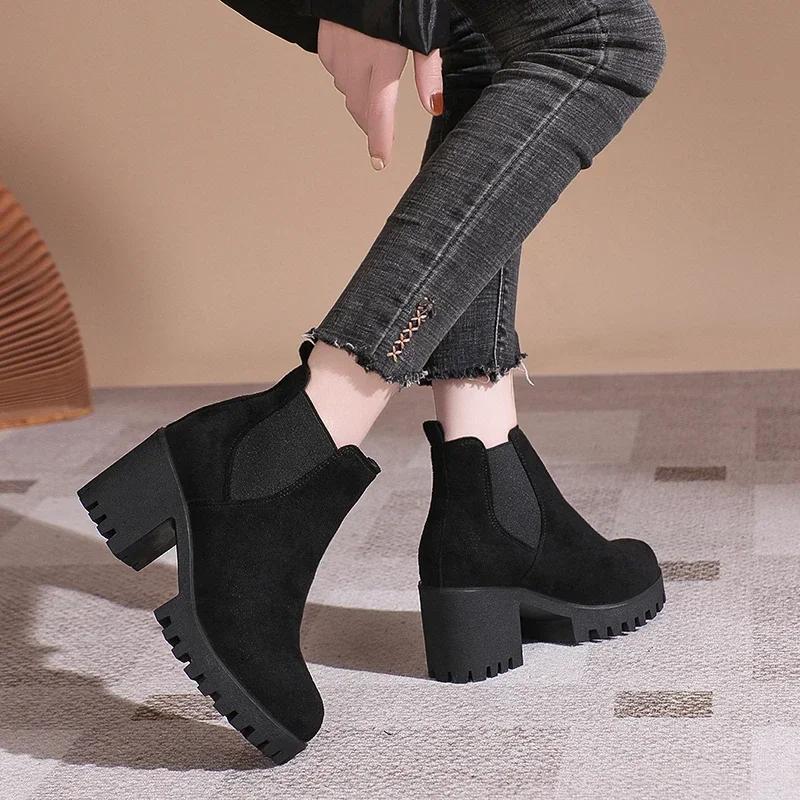 

New Winter Casual and Comfortable Thick-soled Round-toe Black Sexy Elegant Warm Square-heeled Short Boots for Women 2025 36 чёрный