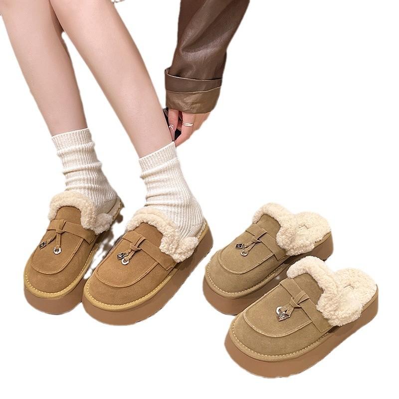 Winter new women's thick-soled casual lamb wool slippers Boken Baotou home wear velvet warm increase