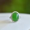 Xinjiang Hotan Jade S925 Silver Inlaid Jasper Spinach Green Jade Egg Shaped Ring