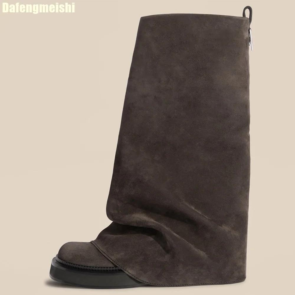 Fashion 2025 New Women's Black Leather Mid-Calf Boots with Hidden Wedge Heel Slip On Fashion Boots Comfortable for Everyday Wear