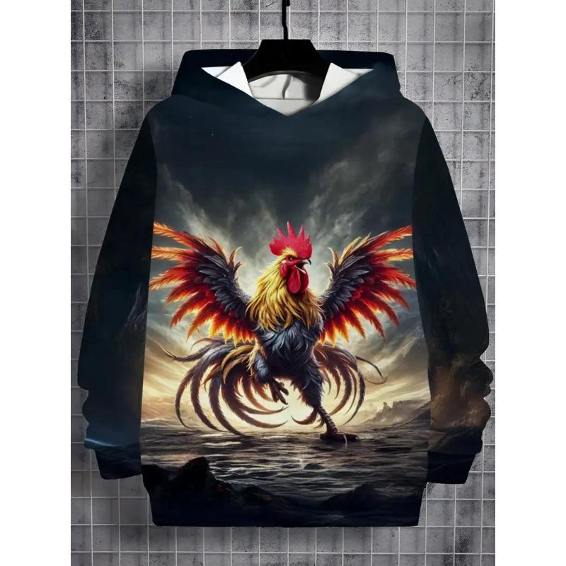 Autumn 3D Rooster Graphic Printed Hoodies Fashionable Casual Sports Pocket Long Sleeved Men's Hooded Sweatshirts