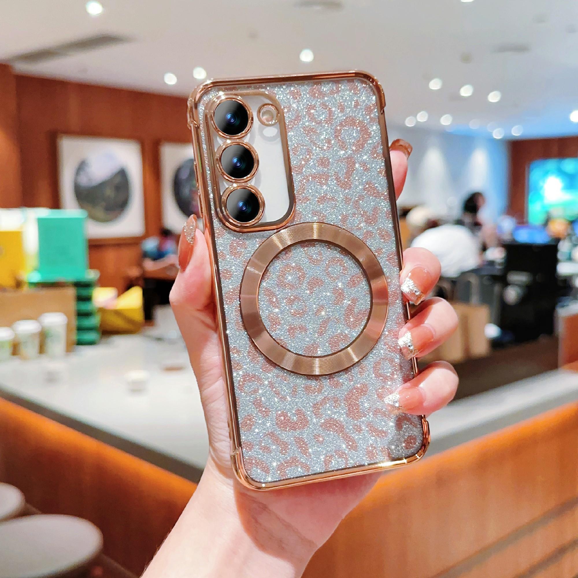 

For Samsung Galaxy S23 Magnetic Case Glitter Leopard Print TPU Electroplating Phone Cover Gold