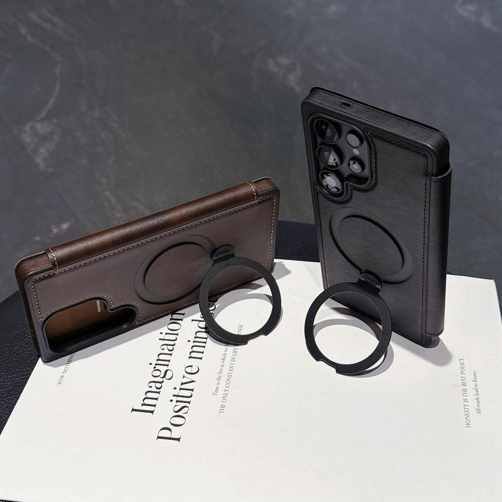 Samsung S25 Ultra Flip Card Holder Phone Case with Armor Shield and Rotating Magnetic Stand - Full Coverage Anti-Drop A17 Case