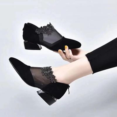 2024 Spring New Genuine Leather Pointed Toe Mesh Thick Heel Single Shoes