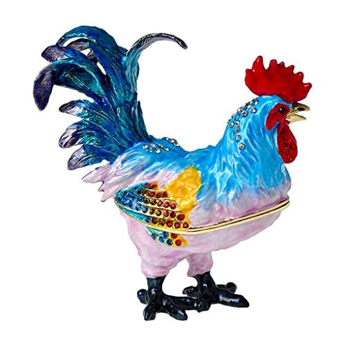FJ FENGZHIJIE Hinged Blue Rooster Trinket Box | Golden Jewel Enamel Chicken Figurine | Home Decor & Gifts
