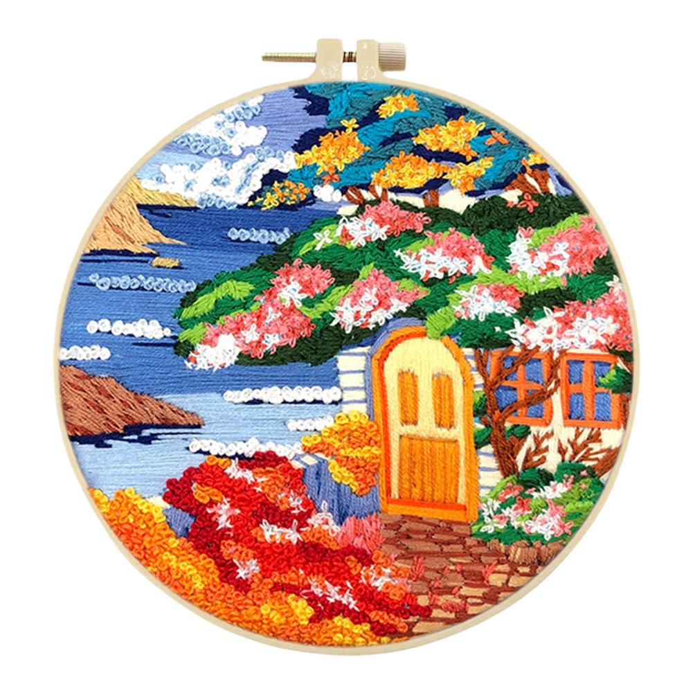 Landscape Stamped Cross Stitch Embroidery Kits with Hoop Cloth Color Thread