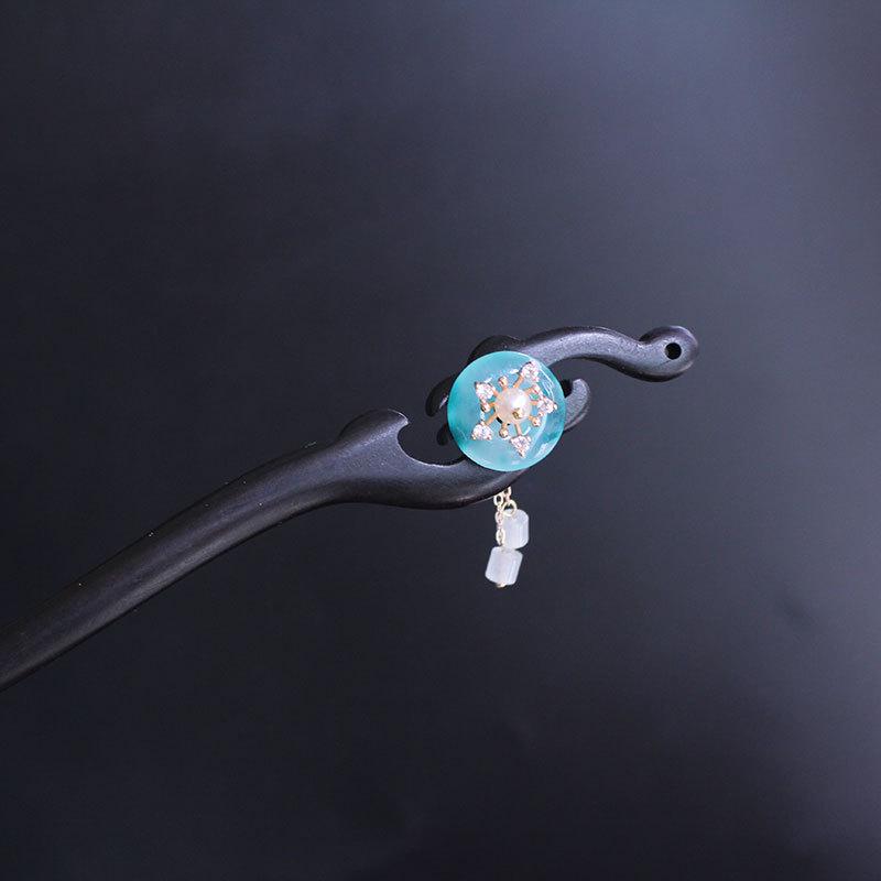 Blue Ice Floating Flower Peace Buckle Pearl Stone Hairpin - New Chinese Style Ebony Wood Accessory New Chinese Style жемчужный