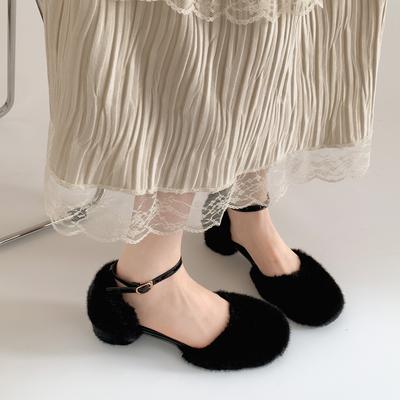 Retro Black Thick Heel Heightening Fluffy Shoes for Women's Outer Wear 2025 New Autumn Skirt Versatile Mary Jane Shoes