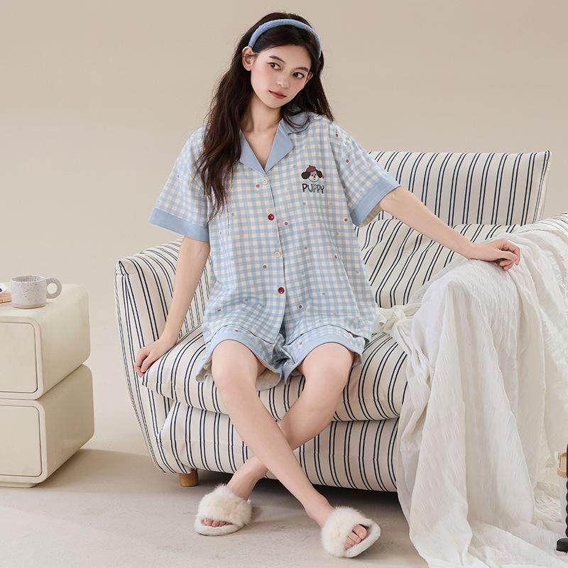 1A antibacterial pure cotton pajamas women's summer with chest pads, short sleeves, plus size 50kg girls' loungewear three-piece set