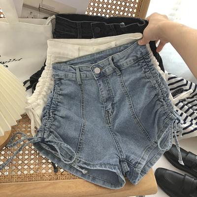 Comfortable Skinny Fashionable and Versatile Drawstring Tie Denim Shorts Female Summer Straight High Waist Elastic Slim A-line Wide Leg Pants