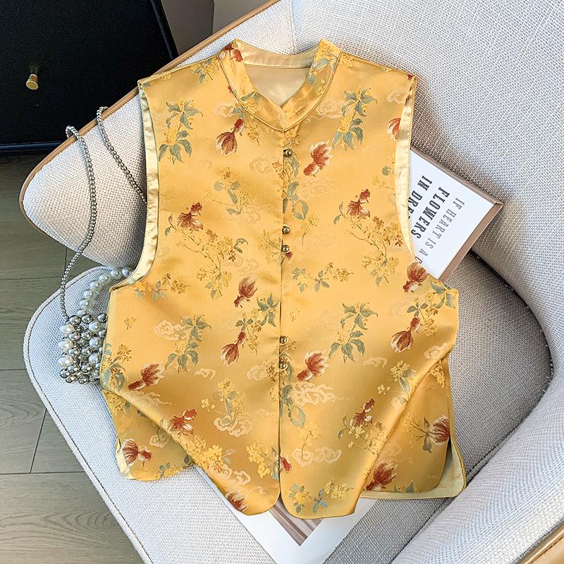 

Chinese Style Summer Satin Embroidered Round Neck Vest M