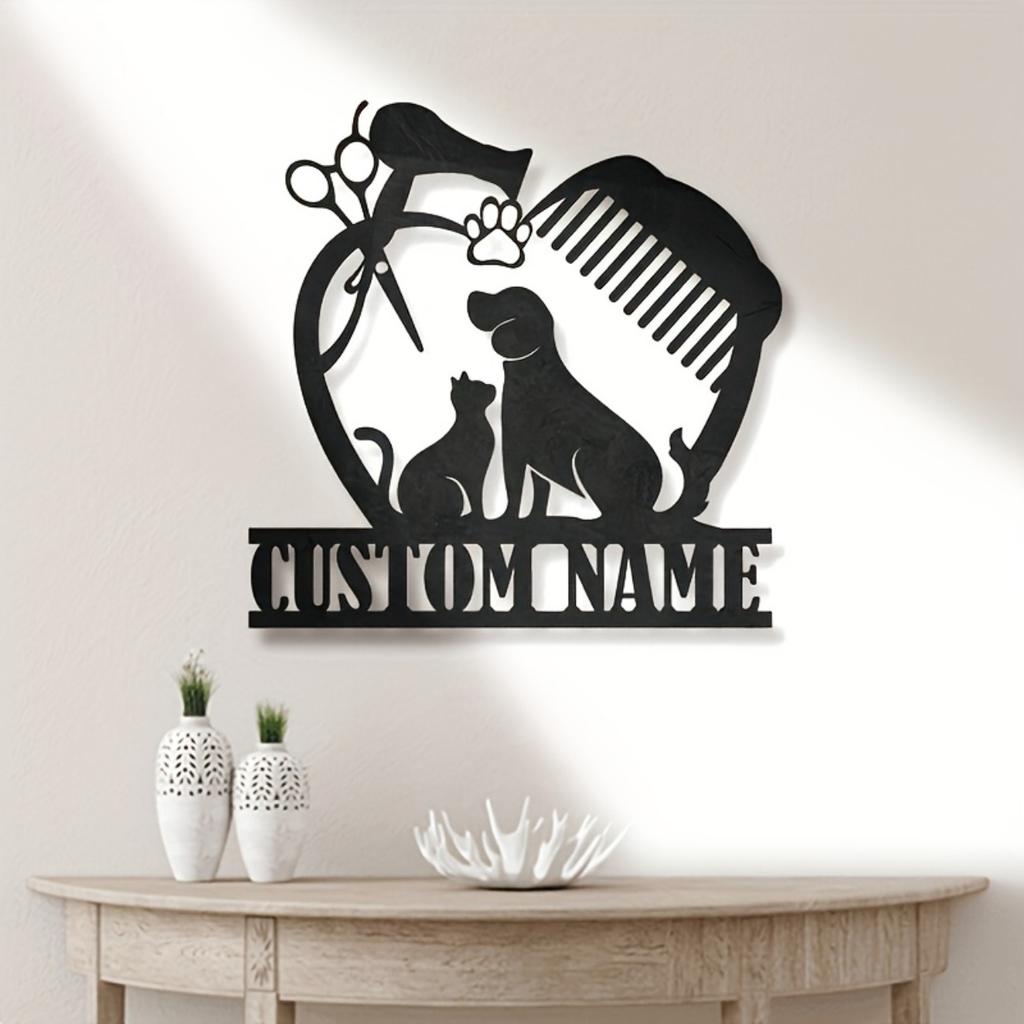 Customizable Dog Grooming Metal Sign, Elegant Pet Stylist Wall Art, Durable Fashion Mural