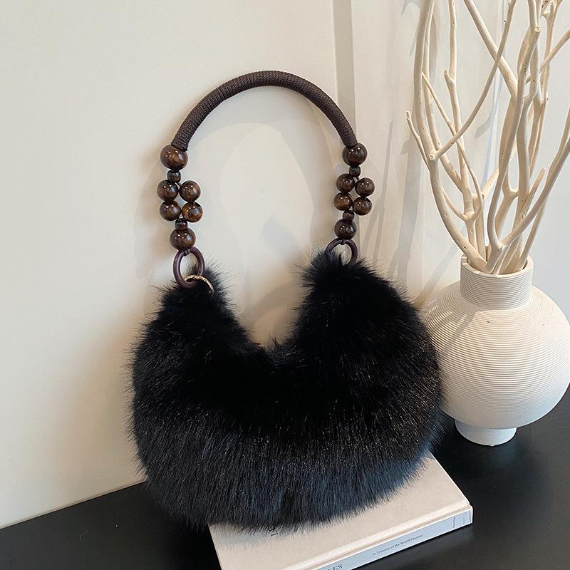 European and American retro plush handbag beaded niche shoulder bag 2025 autumn new fashion foreign plush bag