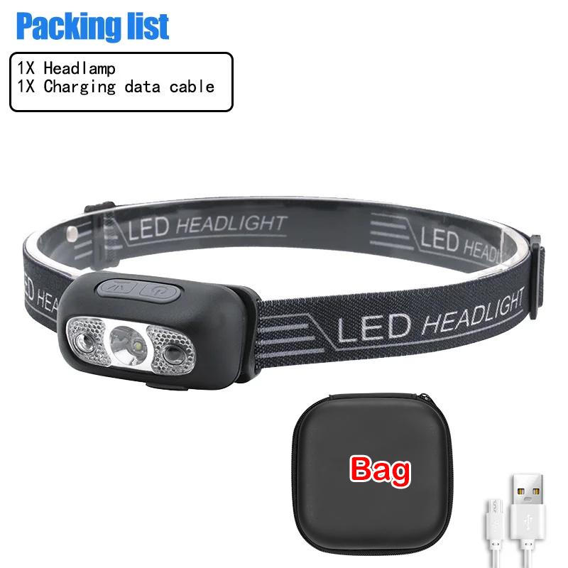 Mini LED Headlamp USB Rechargeable Headlight Wave Sensor Head Flashlight Outdoor Houshold Lamp for Camping Hiking Emergency Fish