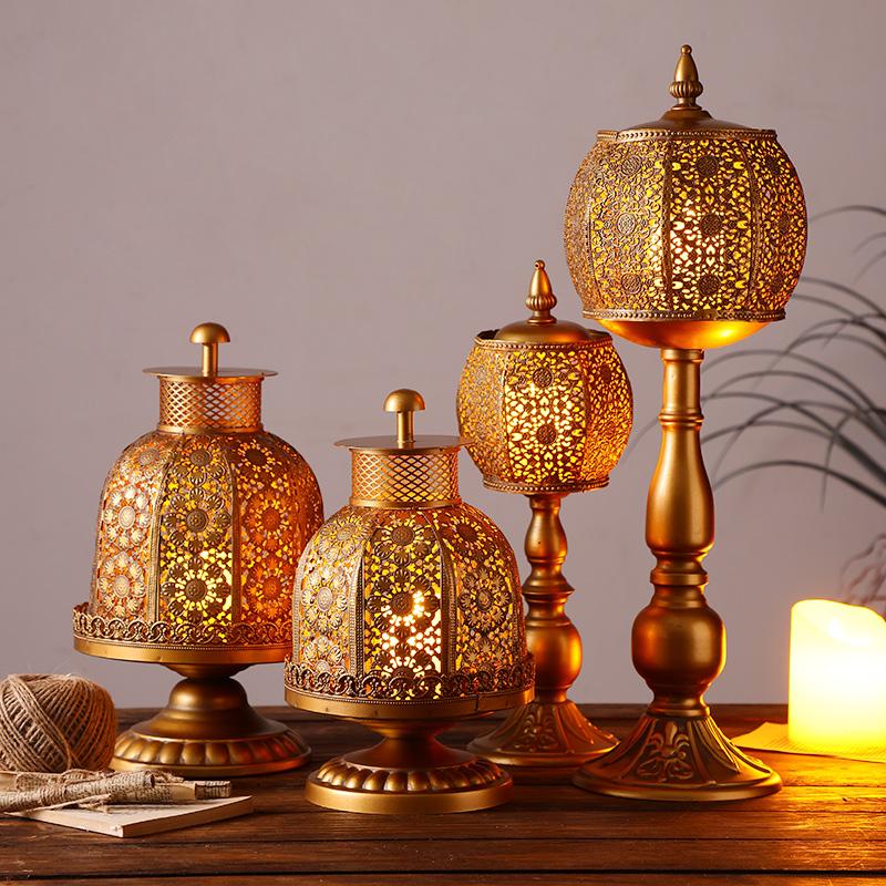 Vintage Iron Candle Holder Decor Tabletop Copper Lantern with Electronic Candle for Dining Room Thai Spa Retro Home Decor
